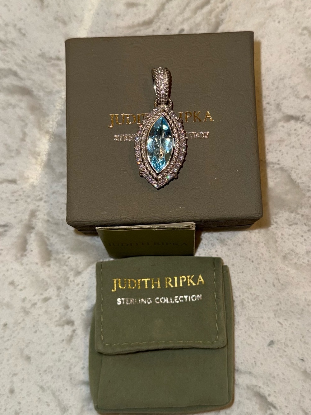 Judith Ripka 925 Sterling Silver Marquise Cut Blue Topaz/CZ Halo EnhancerPendant